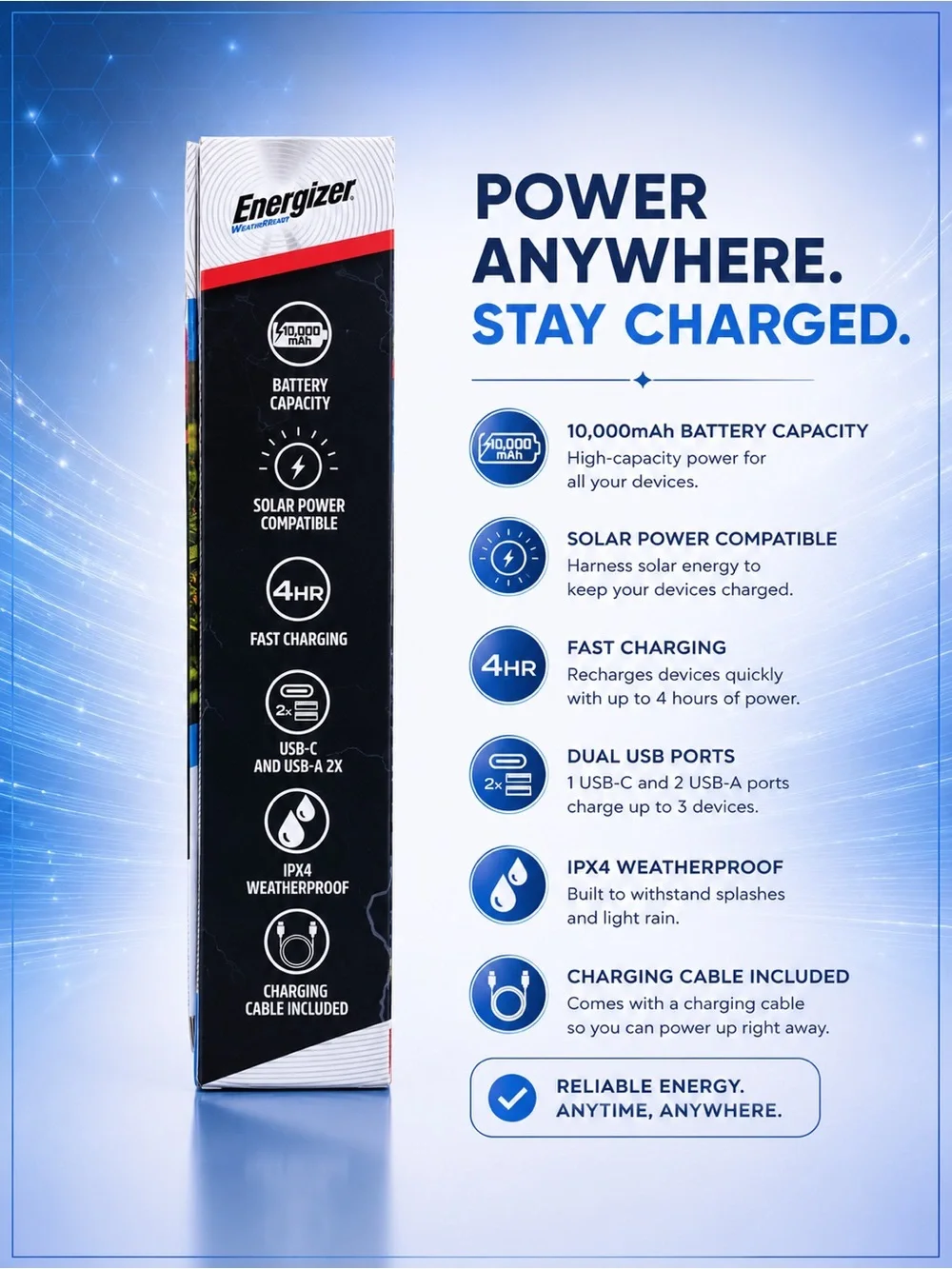 Energizer Black WeatherReady Solar Power Bank - 10,000mAh, USB & Type-C